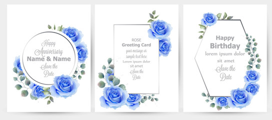 Watercolor blue rose flowers cards set collection Vector. Vintage greeting card, wedding invitation, thank you note. Summer floral decor. flower wreath frames bouquets