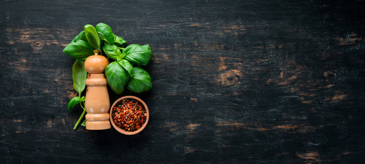 Fresh basil and spices. On a black wooden background. Top view. Free copy space.