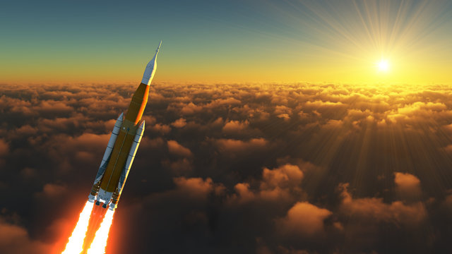 American Space Launch System In The Rays Of Sunrise