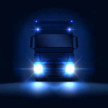 Night Big Semi Truck With Bright Headlights And Dry Van Semi Riding On The Dark Night Background Front View, Vector Illustration