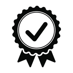 Black icon approved or certified medal. Isolated on white background. Flat design vector illustration.