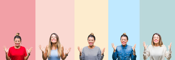 Fototapeta premium Collage of young beautiful woman over colorful vintage stripes isolated background celebrating mad and crazy for success with arms raised and closed eyes screaming excited. Winner concept