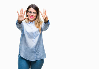 Young beautiful business woman wearing glasses over isolated background showing and pointing up with fingers number eight while smiling confident and happy.