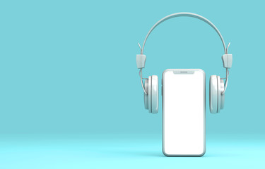 Modern frameless smartphone with headphones. 3D Rendering