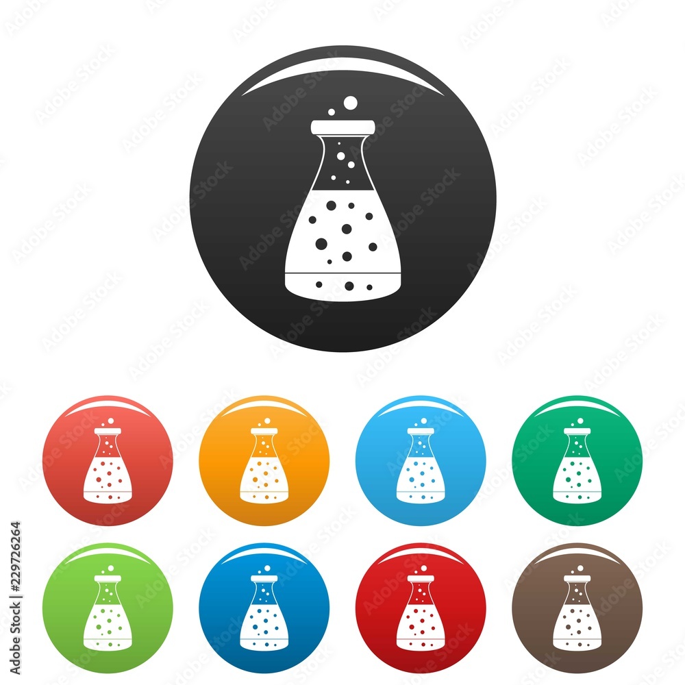 Poster potion flask icons set 9 color vector isolated on white for any design