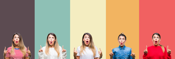 Collage of young beautiful woman over colorful vintage isolated background amazed and surprised looking up and pointing with fingers and raised arms.
