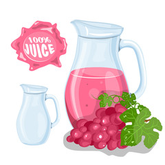 Vector set of natural fresh grapes jar in bank and grapes isolated on white. Healthy organic fruit drink, cocktail, lemonade for healthy life,