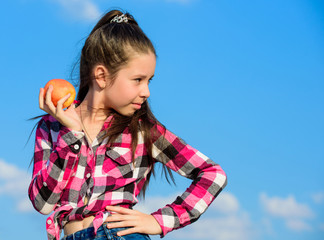 Healthy nutrition concept. Child eat ripe apple fall harvest. Fruit vitamin nutrition for kids....