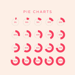 Abstract infographics, pie chart data, show the percentage from 5 percent to 100 percents. Pink colors, female topic.