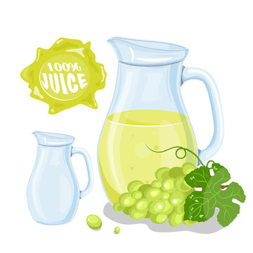 Vector set of natural fresh grapes jar in bank and grapes isolated on white. Healthy organic fruit drink, cocktail, lemonade for healthy life,