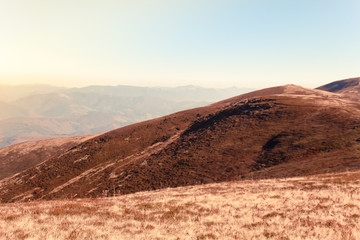 Ukrainian Carpathians in autumn time. Warm colored green leaves. the spirit of adventure Authentic views. The beauty of the earth. Forests and mountains.