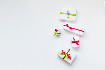 Christmas flat lay on white background, top view