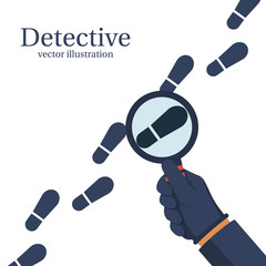 Detective is investigating. Human in gloves holds a magnifying glass. Vector illustration flat design. Isolated on white background. To follow in the footsteps. Investigation concept.