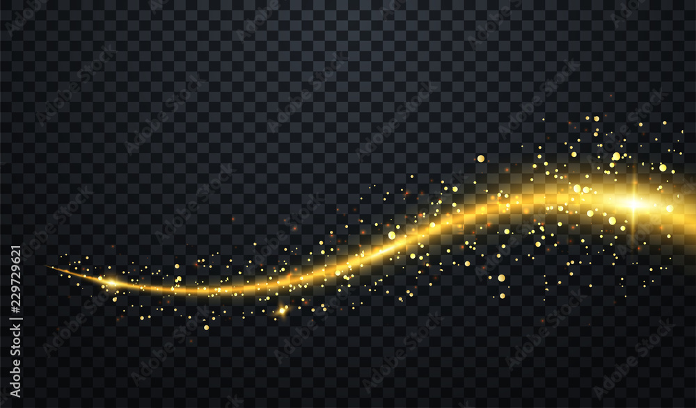Poster Golden particles wave or comet trail wave with sparkling light effect on vector transparent background