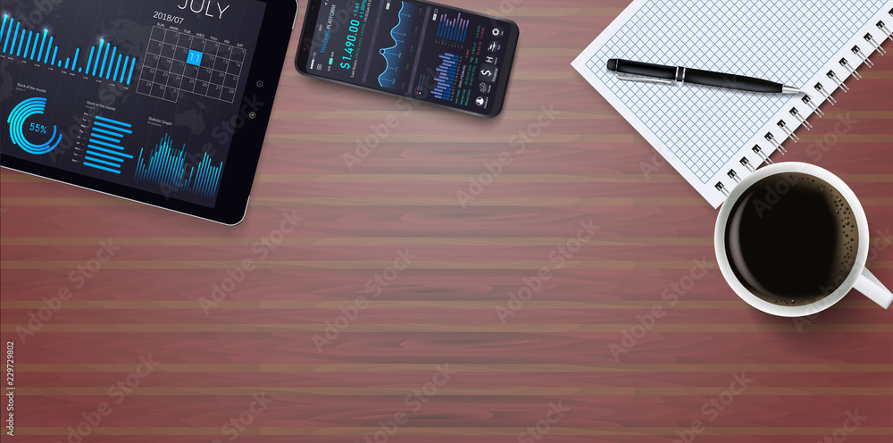 Aufkleber office table with notepad, laptop, phone and coffee cup .online statistics and data analytics.digita