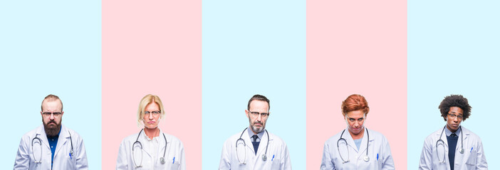 Collage of group professionals doctors wearing medical uniform over isolated background skeptic and nervous, frowning upset because of problem. Negative person.