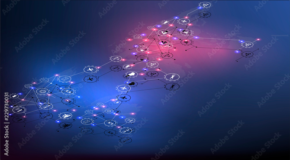 Leinwandbilder 	 Wireless remote control interacts with locations on the world map. Global communications. World map. Modern vector illustration isometric style
