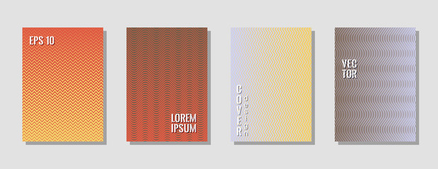 Fototapeta premium Trendy red brown zig zag banner templates, wavy lines gradient stripes backgrounds for music party cover. Curve shapes stripes, zig zag edge lines halftone texture gradient brochure covers collection.