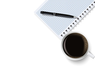 	 Vector white realistic closed notebook cover. Square blank notebook, copybook.Black ballpoint pen.containers of coffee