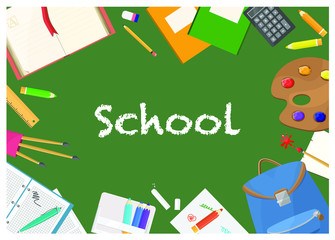 Back to school. School board with school supplies: books, pens, notebook, pencils, paper etc. Top view.