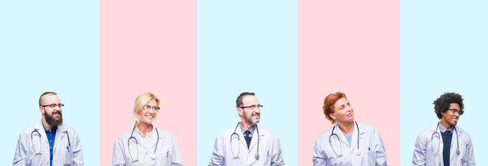 Collage of group professionals doctors wearing medical uniform over isolated background looking away to side with smile on face, natural expression. Laughing confident.