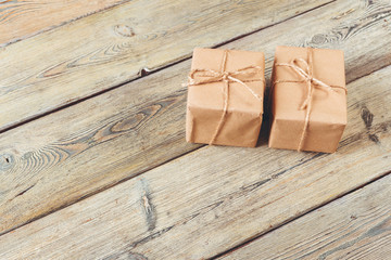 Fototapeta premium various gift boxes on wooden table, top view