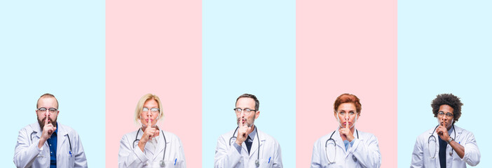 Collage of group professionals doctors wearing medical uniform over isolated background asking to...