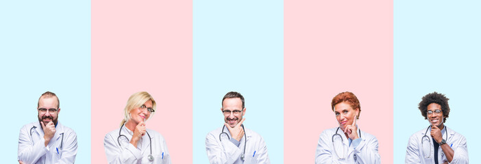 Collage of group professionals doctors wearing medical uniform over isolated background looking confident at the camera with smile with crossed arms and hand raised on chin. Thinking positive.