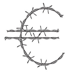 symbol Euro sign made of barbed wire. isolated on white background