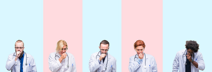 Collage of group professionals doctors wearing medical uniform over isolated background feeling...