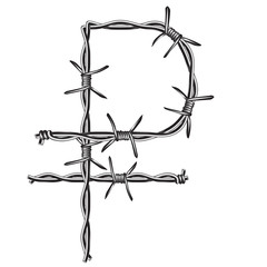 the symbol is the sign of the Russian ruble of barbed wire. isolated on white background