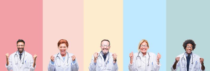 Collage of professional doctors over colorful stripes isolated background excited for success with arms raised celebrating victory smiling. Winner concept.