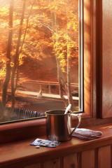 Autumn cozy view from window. With pills, cup of warm drink and hanky on windowsill.