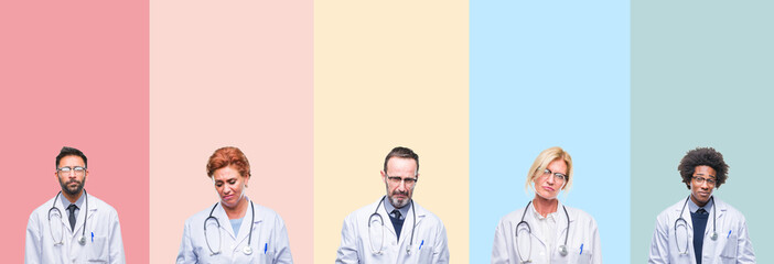 Collage of professional doctors over colorful stripes isolated background depressed and worry for...
