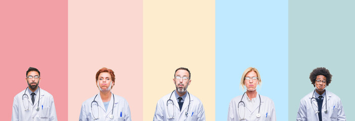 Collage of professional doctors over colorful stripes isolated background puffing cheeks with funny face. Mouth inflated with air, crazy expression.