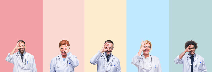 Fototapeta premium Collage of professional doctors over colorful stripes isolated background doing ok gesture with hand smiling, eye looking through fingers with happy face.