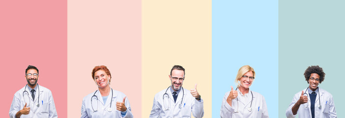Collage of professional doctors over colorful stripes isolated background doing happy thumbs up...