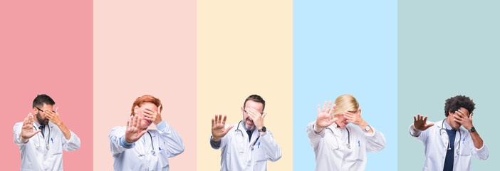 Fototapeta premium Collage of professional doctors over colorful stripes isolated background covering eyes with hands and doing stop gesture with sad and fear expression. Embarrassed and negative concept.