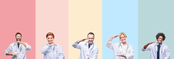 Collage of professional doctors over colorful stripes isolated background gesturing with hands showing big and large size sign, measure symbol. Smiling looking at the camera. Measuring concept.