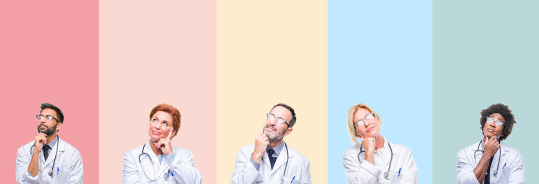 Collage of professional doctors over colorful stripes isolated background with hand on chin thinking about question, pensive expression. Smiling with thoughtful face. Doubt concept.