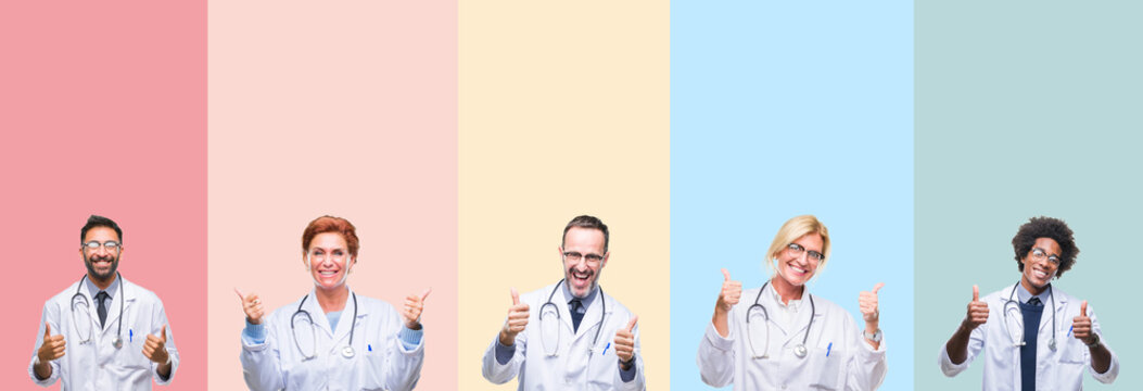 Collage of professional doctors over colorful stripes isolated background success sign doing positive gesture with hand, thumbs up smiling and happy. Looking at the camera with cheerful expression