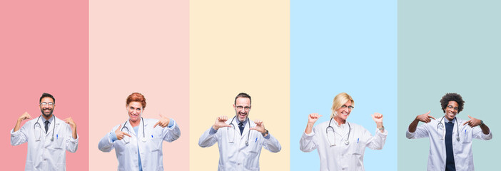 Collage of professional doctors over colorful stripes isolated background looking confident with smile on face, pointing oneself with fingers proud and happy.