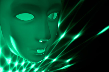 Green dramatic mask stock images. Green mask on a green background. Plastic human mask. Blank male mask Halloween. Mental illness abstract picture stock images