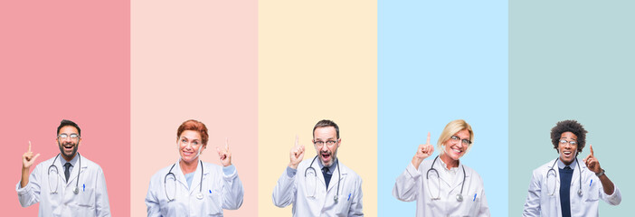 Collage of professional doctors over colorful stripes isolated background pointing finger up with successful idea. Exited and happy. Number one.