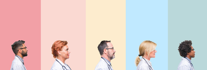 Collage of professional doctors over colorful stripes isolated background looking to side, relax...