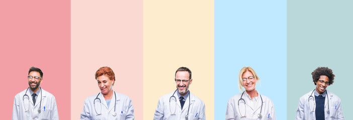 Collage of professional doctors over colorful stripes isolated background winking looking at the...
