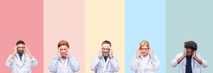 Collage of professional doctors over colorful stripes isolated background with hand on head for pain in head because stress. Suffering migraine.