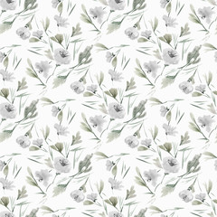 Seamless floral watercolor pattern. Light green, gray flowers, twigs on a white background.