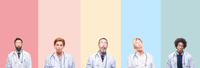 Collage of professional doctors over colorful stripes isolated background making fish face with lips, crazy and comical gesture. Funny expression.