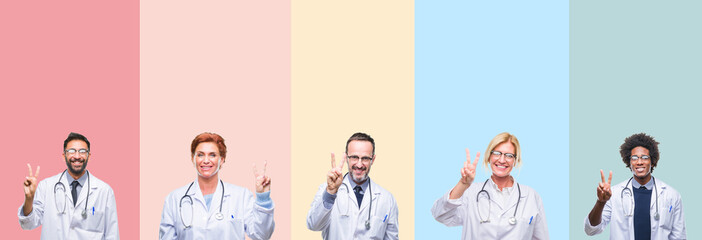 Collage of professional doctors over colorful stripes isolated background showing and pointing up with fingers number two while smiling confident and happy.